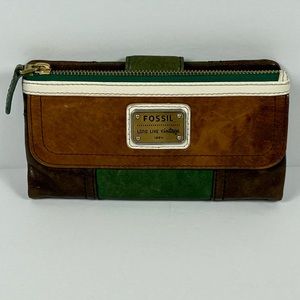 Fossil Vintage Emory Color Block Brown Green Leather Wallet